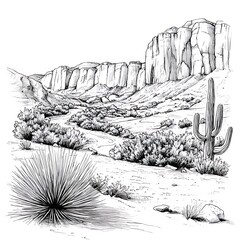 Pen and Ink Drawing of a Desert Landscape with Cacti and Cliffs.