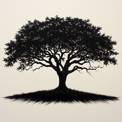 Silhouette of a Majestic Oak Tree Against a Light Beige Background.