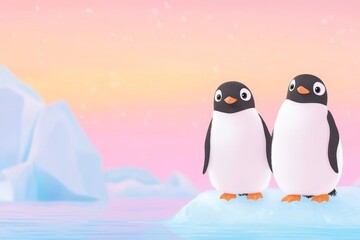 Obraz premium Cute Penguins on Iceberg at Sunset with Pastel Sky