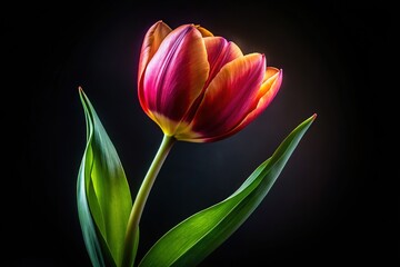 Naklejka premium Dark backdrop showcases a panoramic tulip field, AI-enhanced.