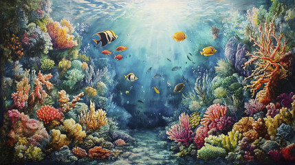 vibrant coral reef teeming with colorful marine life and corals