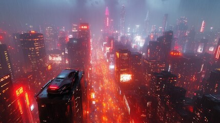 Fototapeta premium Futuristic city at night, aerial view, flying car, neon lights, rain, skyscrapers.
