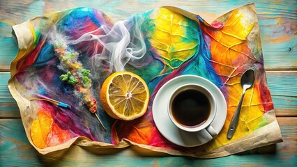 Obraz premium Conceptual Art: Lungs, Newspaper, Coffee, Lemon - Abstract Visual