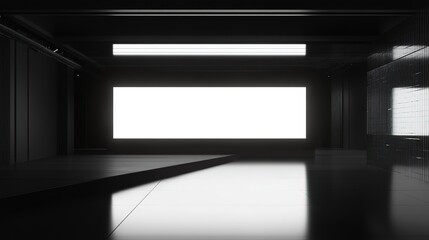 Modern Exhibition Space with Illuminated white blank Panels in Dark Room. 3D Rendering, HD image