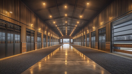 Fototapeta premium spacious, well lit barn interior featuring rows of horse stalls and polished floors