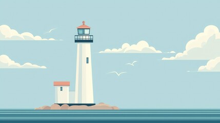 Cartoon Lighthouse in Calm Ocean Scene with Clouds and Seagulls