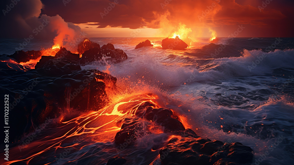 Wall mural Lava Meets the Ocean: A Fiery Sunset Encounter