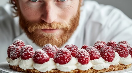 A chef presenting a raspberry dessert with cream.