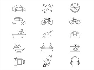 Icon set of compass airplane car bicycle