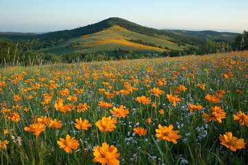 Fototapeta premium Vibrant wildflowers blanket a hillside beneath a distant mountain at sunrise.