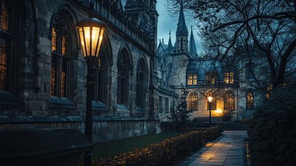 Obraz premium Vintage Lamp Lighting Historic University Building at Dusk