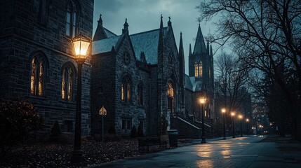 Fototapeta premium Dark Gothic Architecture of Historic Church with Streetlights