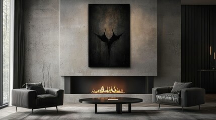 Modern Living Room with Artistic Black Wall Art and Fireplace