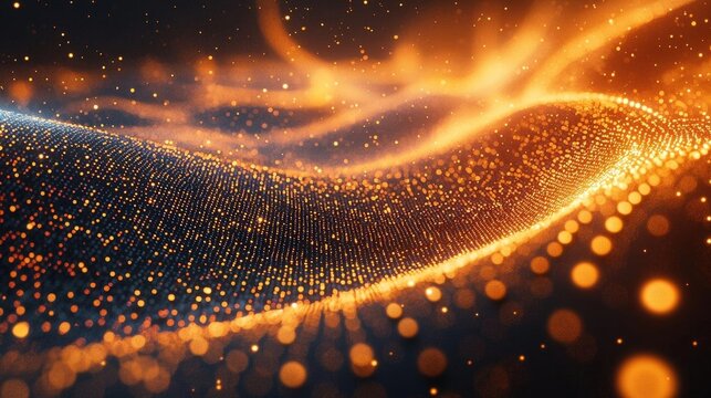 Abstract glowing wave with orange light dots.