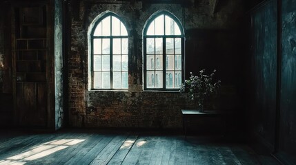 Fototapeta premium Sunlight Streaming Through Vintage Windows in Abandoned Room
