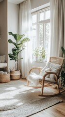 Cozy Living Room with Rocking Chair, Plants and Natural Light