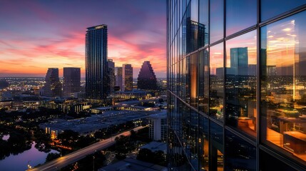 Fototapeta premium Stunning Cityscape View at Dusk with Colorful Sky Reflection