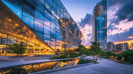 Fototapeta premium Modern City Buildings Reflecting Vibrant Sunset Sky Over Water