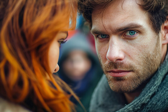 Intense young man with scarf and redheaded woman in outdoor setting