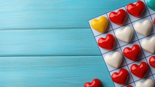 Valentine Game Concept, Colorful Heart-Shaped Playing Cards for Valentine's Day Bingo on a Wooden Table - Powered by Adobe