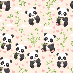 Obraz premium Pastel seamless pattern featuring pandas eating bamboo, surrounded by clouds and hearts.