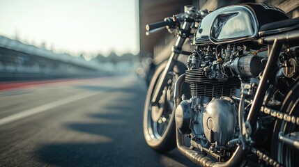 Fototapeta premium Vintage motorcycle parked on racing track during sunset