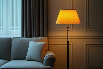 Warm lighting illuminates a cozy living room corner, featuring a comfortable sofa and elegant floor lamp.