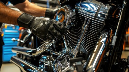 Fototapeta premium Mechanic Repairing Engine Component of Motorcycle with Careful Precision