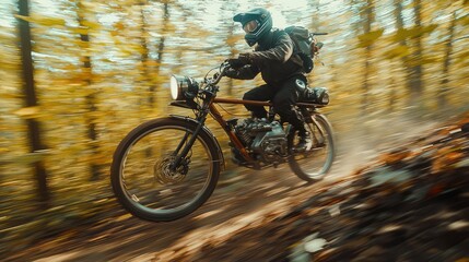 Fototapeta premium Adventure Cycling Through Autumn Forest Trail with Motion Blur