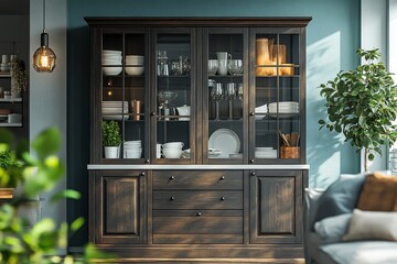 Fototapeta premium Modern kitchen cabinet with glass doors, white countertop, glasses, plates, mugs, and open serving door, light blue wall, and green plant in the background.