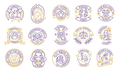 Zodiac and horoscope logos, labels, icons. A set of 15 zodiac logotypes. Cancer, Libra, Virgo, Capricorn, Lion. Ideal for branding horoscopes and esoteric sites. Vector illustration