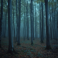 Naklejka premium Misty, ethereal forest scene with tall trees and leaf-covered ground.