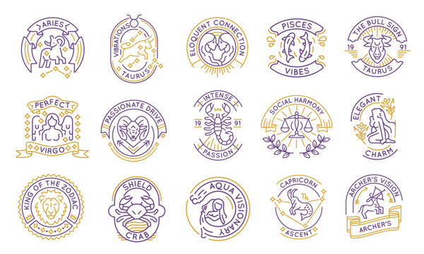 Zodiac and horoscope logos, labels, icons. A set of 15 zodiac logotypes. Cancer, Libra, Virgo, Capricorn, Lion. Ideal for branding horoscopes and esoteric sites. Vector illustration