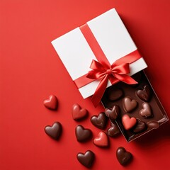 Open gift box with heart-shaped chocolates on red background.