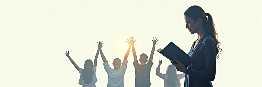 A double silhouette of a teacher holding a book, with an image of a chalkboard and children raising their hands visible within the silhouette, representing knowledge and empowerment. Double exposure s