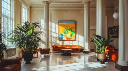 Elegant lobby interior with modern art and lush greenery accents