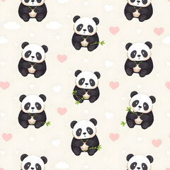 Pastel seamless pattern featuring pandas eating bamboo, surrounded by clouds and hearts.