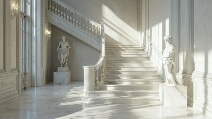 Obraz premium Elegant Marble Staircase with Statues and Soft Natural Light