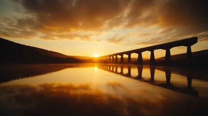 Obraz premium Sunset reflection over historic bridge serene landscape scenic photography calm waters wide angle nature's beauty
