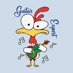 Rooster becomes a guitar playing expert,design cartoon vector illustration
