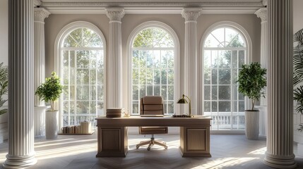 Elegant Interior Office with Large Windows and Modern Furniture