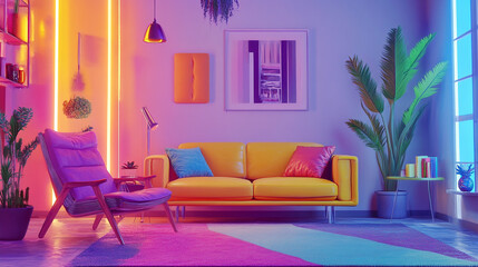 living room with colorful furniture, contemporary and modern interior design styles with elegant wall and chairs, interior modern design room 3d illustration with colorful wall and sofa and chairs.