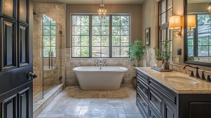 Elegant Bathroom Design with Freestanding Tub and Natural Light