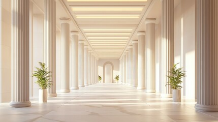 Elegant architectural corridor with columns and natural light