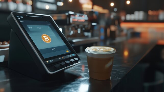 A visual showing a futuristic crypto payment terminal being