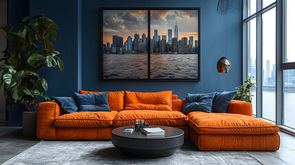 Orange sectional sofa in modern living room with NYC cityscape artwork.