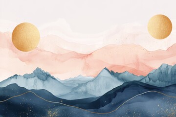 Abstract watercolor landscape with gold circles and pastel mountains.