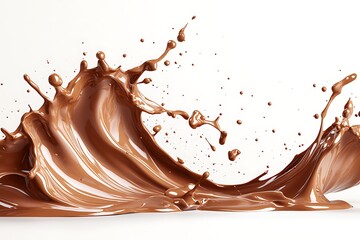 Dynamic splash of rich, creamy chocolate liquid creating a wave-like form against a white...