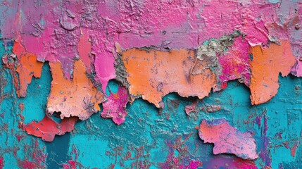 A close-up of a textured urban wall with bright teal, pink, blue, and orange hues, capturing a bold, street-style vibe for modern design concepts and mockups.