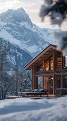 Cozy Cabin in Snowy Mountains with Stunning Winter Landscape View